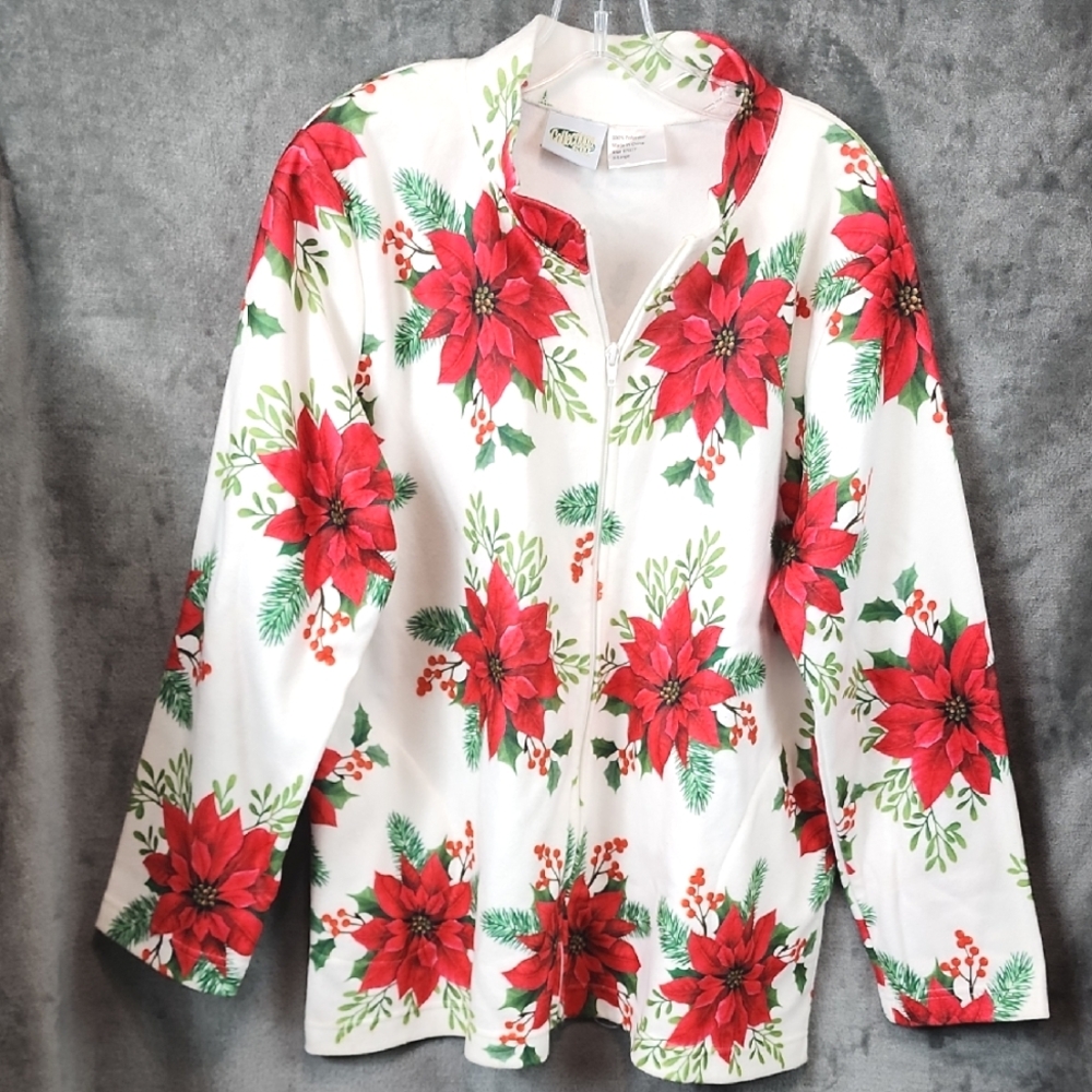 Women's Poinsettias Red Floral Jacket New No Tags Size XL
